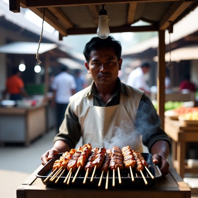 Asian man holding grilled skewers