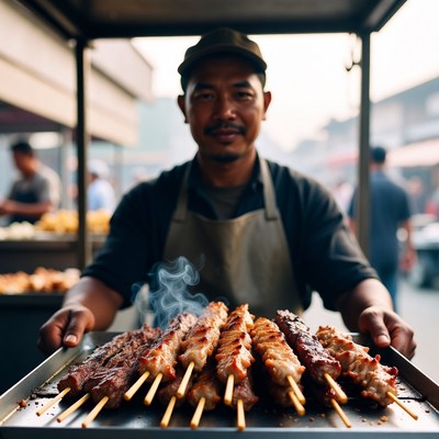 Asian man holding grilled skewers