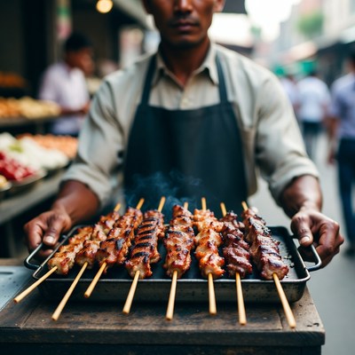 Asian street vendor grilling skewers