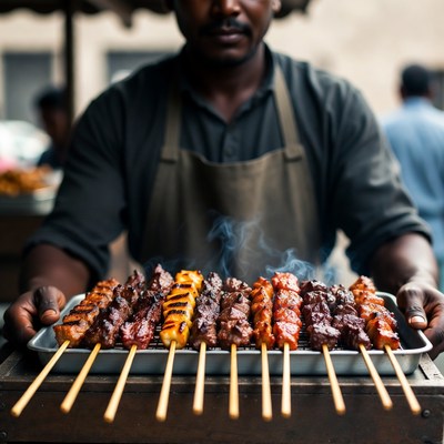 Indian man holding skewers at street market