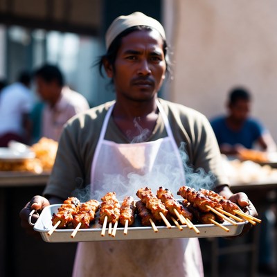 Asian man holding satay skewers