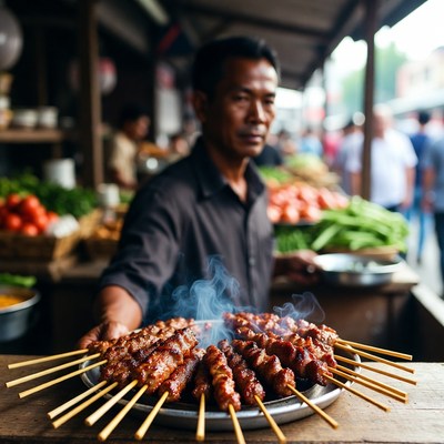 Asian man holding grilled skewers