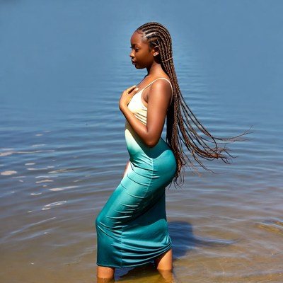 African woman in gradient dress in water
