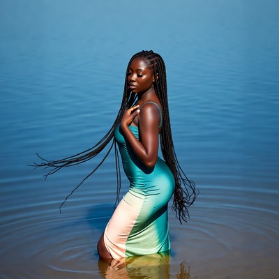 African-American woman in dress standing in water
