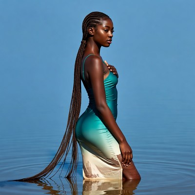 African-American woman in teal dress in water