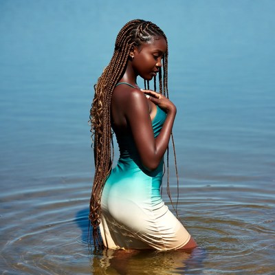 African-American woman in water wearing gradient dress