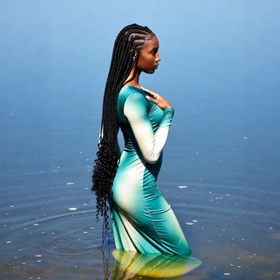 African-American woman in turquoise dress in water
