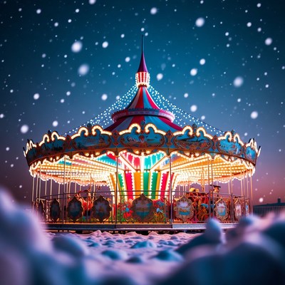 Colorful Carousel in Snowy Night