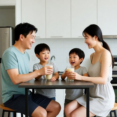 Asian family drinking smoothies in kitchen