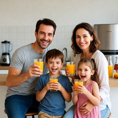 Family Holding Orange Juice Glasses