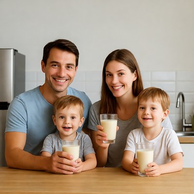 Family holding glasses of milk