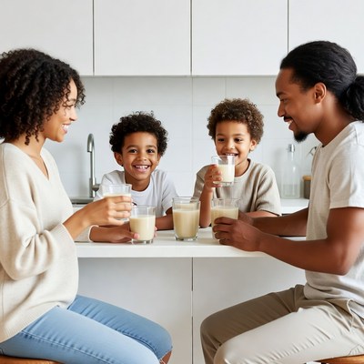African-American family drinking milk in kitchen