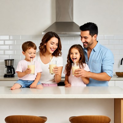 Family drinking smoothies in kitchen