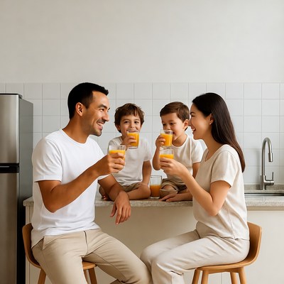 Family drinking orange juice in kitchen