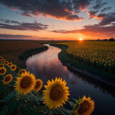 Sunflowers and River at Sunset