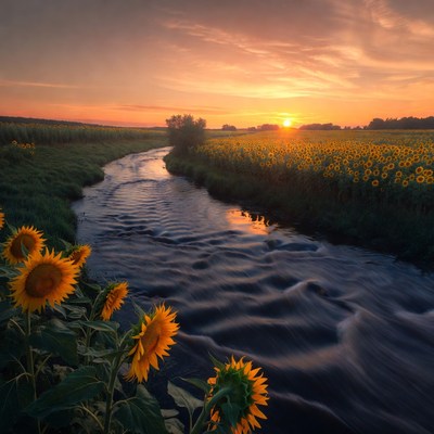 Sunflower Field with River at Sunset
