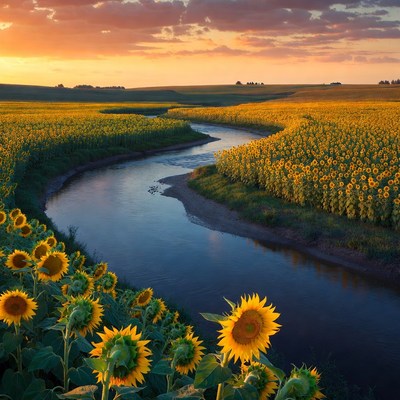 Sunflower Field with Winding River