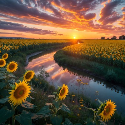 Sunset over sunflower field with river