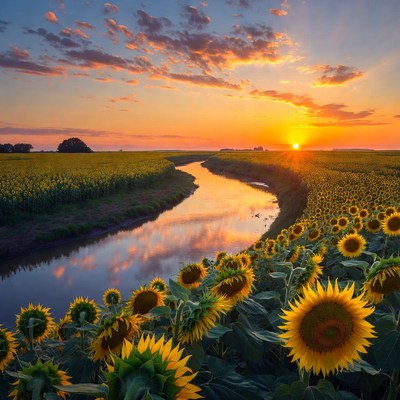 Sunflowers Field with River at Sunset