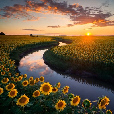 Sunflower Field with Winding River at Sunset