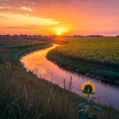 Sunset over sunflower field and river
