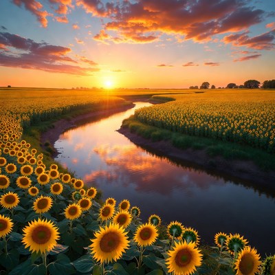 Sunflowers and River at Sunset