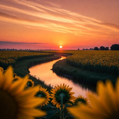 Sunset over sunflower field with river