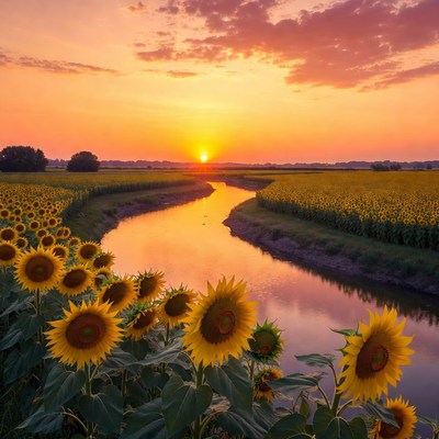 Sunset over sunflower field and river