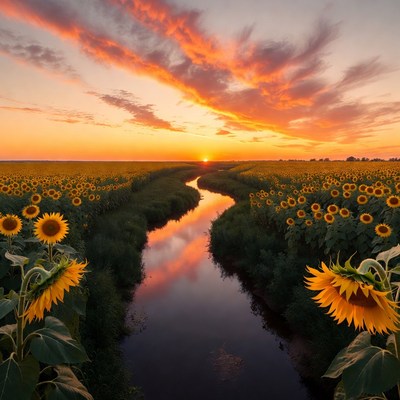 Sunflower Field with Winding Stream at Sunset