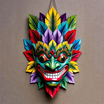 Colorful Green Demon Mask with Feathers