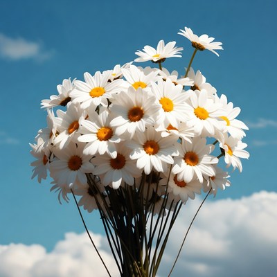 Bouquet of white daisies on blue sky