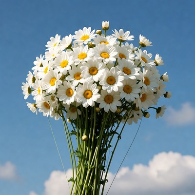 Bouquet of white daisies on blue sky