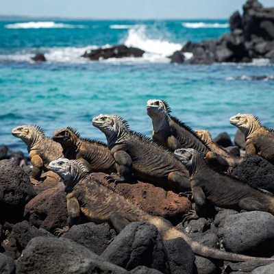 Marine iguanas on Galapagos rocks