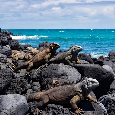 Marine iguanas on rocky beach