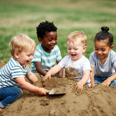 Diverse children playing in sand pile