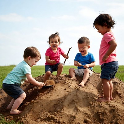 Children playing in sand pile outdoors