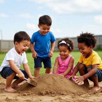 Multiracial kids playing in sand pile