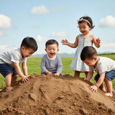 Asian toddlers playing in sand pile