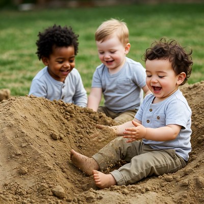 Three toddlers playing in sand pile