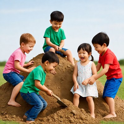 Asian children playing in sand pile