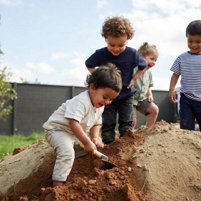 Toddlers playing in dirt pile