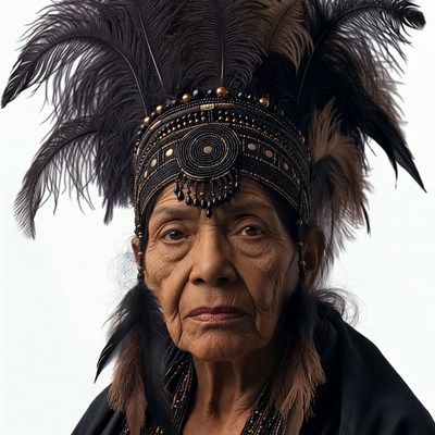 Elderly African woman in feather headdress
