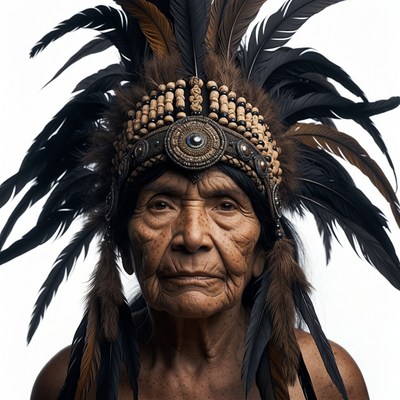 Elderly Indigenous man in feathered headdress