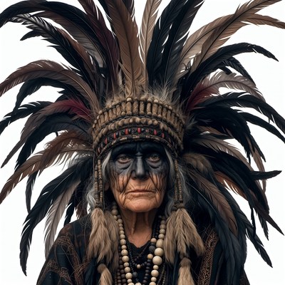 Elderly Indigenous woman in feather headdress