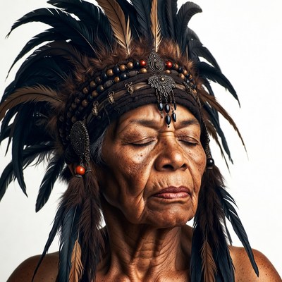 Elderly Indigenous Woman in Feather Headdress
