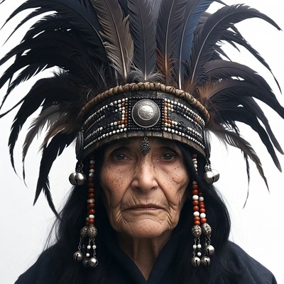 Elderly Native American woman in feathered headdress