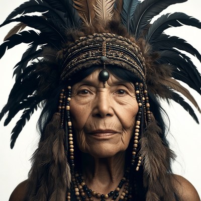 Indigenous woman in feathered headdress