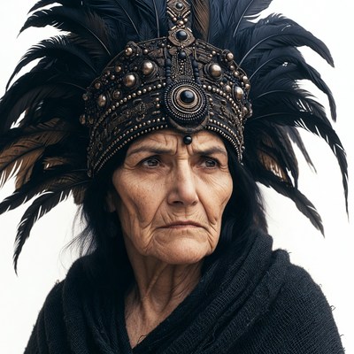 Elderly woman in feathered headdress