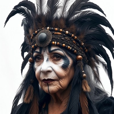 Elderly woman in Native American headdress