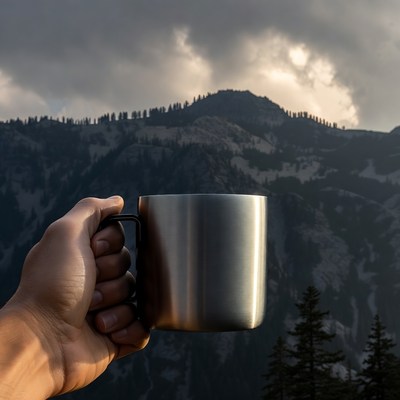 Man holding mug with mountains